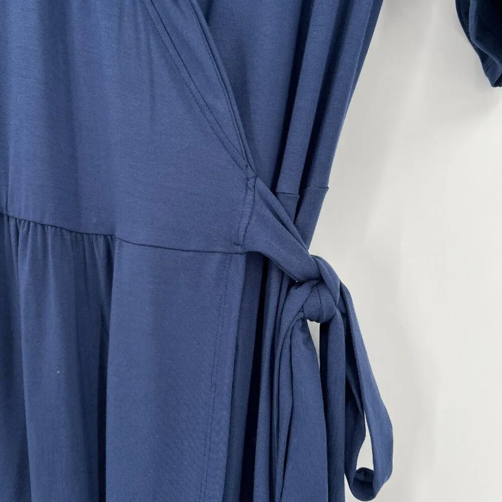 Quince Navy Blue Tencel Jersey True Wrap Dress Midi sz XL Short Sleeve NWT - Picture 2 of 5